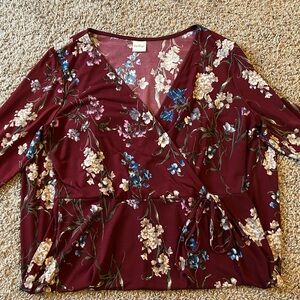 Kaileigh Floral Faux Wrap Burgundy Dress